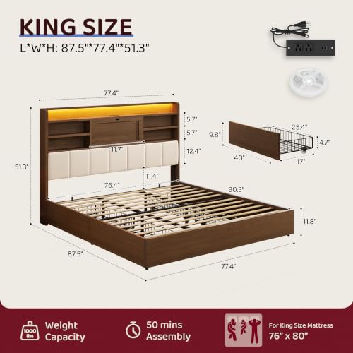 King Size Wooden Bed Frame with 4 Storage Drawers and 51.3" Tall Hidden Storage, view 3