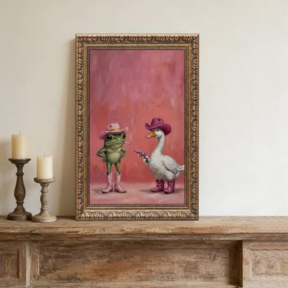 Whimsical Pink Cowboy Frog and Duck Poster Cute Western Animal Wall Art | Funny Trendy Cowgirl Aesthetic Picture Cozy Room Vibe Mood Booster Decor