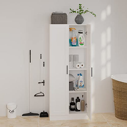 Wooden Storage Cabinet, Narrow Pantry Cabinets Free Standing Tall Storage Cabinet with 2 Doors and Shelves (White)