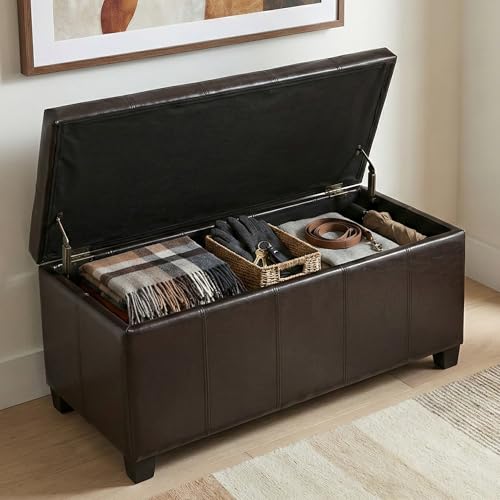 Dover Storage Ottoman Bench - 36 inch Wide Upholstered Vegan Leather Rectangular Lift-Top Ottoman in Tanners Brown, Contemporary Bench for Living Room with Safety Hinges