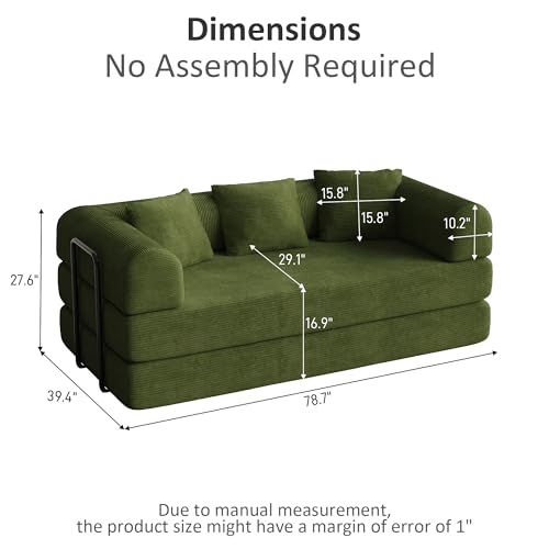 Convertible Sofa Bed, Corduroy Memory Foam Compression Sofa, Modular Floor Sofa with Pull-Out Bed, Compressed Couch Folding Sleeper Couches Bed for Living Room Bedroom Lounge, Olive Green