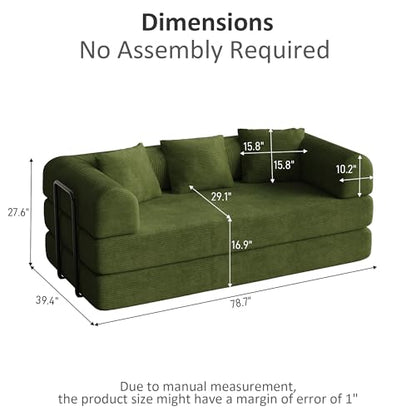 Convertible Sofa Bed, Corduroy Memory Foam Compression Sofa, Modular Floor Sofa with Pull-Out Bed, Compressed Couch Folding Sleeper Couches Bed for Living Room Bedroom Lounge, Olive Green