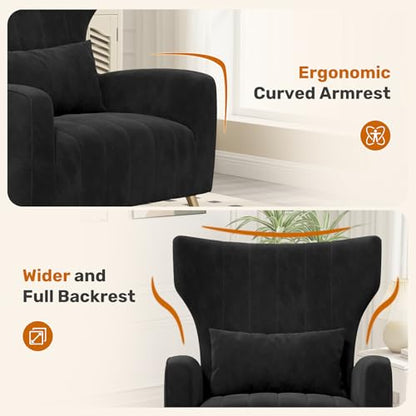 Velvet Accent Chair Wingback for Living Room, High Back Arm Chair with Golden Legs Lumbar Pillow, Upholstered Single Sofa Bedroom Black