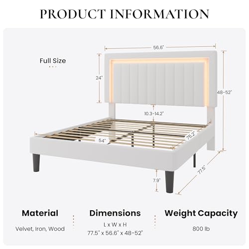 Full Size Velvet Bed Frame with LED Light, White, view 3