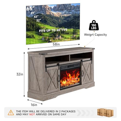 58" Fireplace TV Stand for TV up to 65 Inch with Farmhouse Sliding Barn Doors, view 3