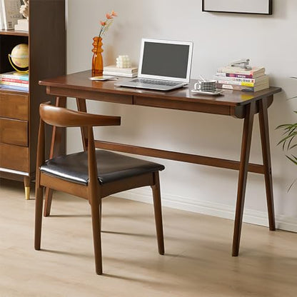 Computer Desk with Drawers, Solid Wood Writing Desk, Mid Century Modern Home Office Desks, Oak Study Table, Small Desk for Bedroom, 29.1 H x 39.4 W x 21.7 D Inches, Walnut