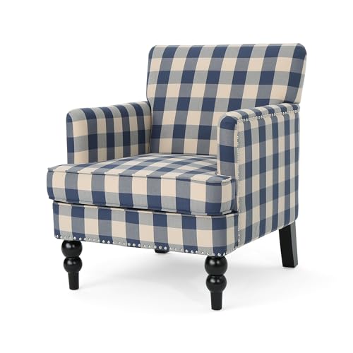 Eve Modern Upholstered Club Chair, Wooden Living Room Accent Chair, Comfy Bedroom Reading Chair, Multifunctional Armchair, Blue Checkerboard