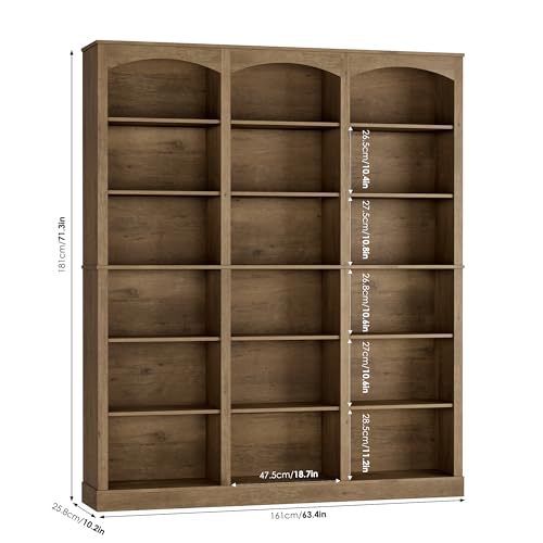 71" Triple Wide Bookshelf, 6 Tier Tall Bookshelf, Large Arched Bookcase with Curved Baffle, 63.4" Wide Book Shelf with 18 Open Display Shelves for Living Room, Study, Phoebe Zhennan