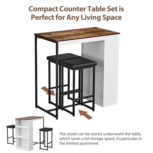 3 Piece Dining Table Set Kitchen Bar Table with Two Stool Storage Shelves Wood Counter Height Table Top with Sew Kerf Finish Dining Room Home
