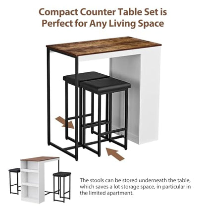 3 Piece Dining Table Set Kitchen Bar Table with Two Stool Storage Shelves Wood Counter Height Table Top with Sew Kerf Finish Dining Room Home