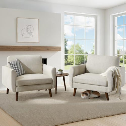 Oversized Accent Chair for Living Room, 37" Mid-Century Modern Comfy Reading Chair, Linen Fabric Solid Wood Frame Armchair, Upholstered Oatmeal Bedroom Accent Chairs Set of 2 for Adults