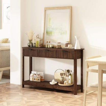 Fluted Wood Console Table with 3 Drawers, Boho Narrow Behind Couch Entryway Table with Open Storage Shelf, Modern Sofa Table for Living Room, Foyer and Hallway (Dark Walnut)