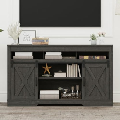 Farmhouse TV Stand for 65+ Inch TV, 34'' Tall Entertainment Center with Sliding Barn Doors, Rustic Wood Media Console Storage Cabinet Television Stand for Living Room, Bedroom (Dark Grey)