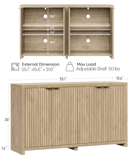 55 inch Oak Fluted Sideboard Buffet Cabinet with 4 Doors, Adjustable Shelves, view 3