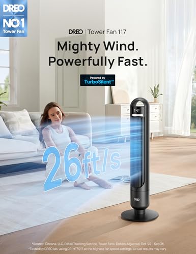 DREO Tower Fan for Bedroom, 26ft/s Velocity, 90° Oscillating, 8H Timer, view 4