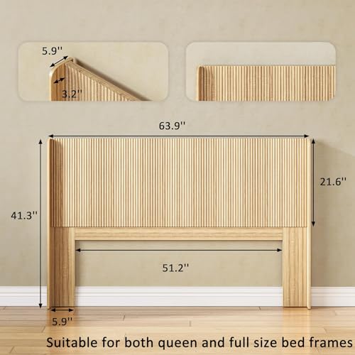 63.9" Wood Headboard Queen Size, Fluted Queen Headboard Only,Wall Mount Wood Headboards, Rustic & Modern Farmhouse,Wingback Design,Suitable for Full/Queen Bed Frames,Natural