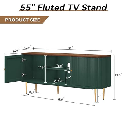 55” Fluted TV Stand, Mid Century Modern Green TV Stand for 55/60/65 inch TV, Entertainment Center with Storage, Television Stands, TV Console, Media Console for Living Room, Bedroom (Green)