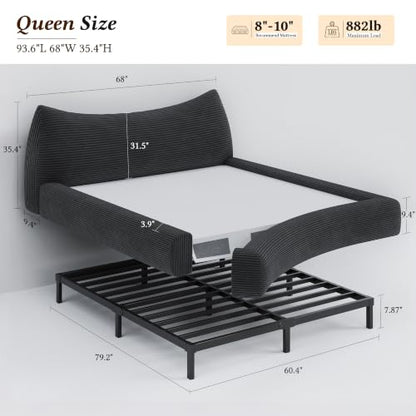 Queen Corduroy Cloud Bed Frame with Cat-Ear Design, Black, view 3
