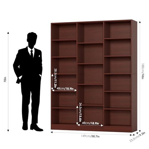 Triple Wide Bookshelf, 6 Tier Large Bookshelf, Bookcase with 17 Open Display Shelves, 74'' Tall Bookcases and Bookshelves for Living Room, Home Office, Library, Cherry