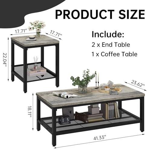 Coffee Table Set of 3, Industrial Coffee Table with 2 Square End Side Tables, view 2