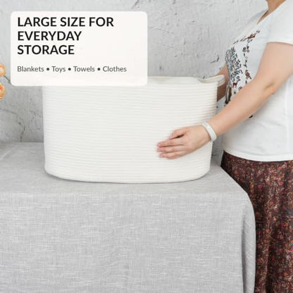 Large Rectangle Blankets Basket Living Room 22"x17"x12" Woven Cotton Rope Storage Baskets for Nursery Toy Baskets for Kids and Dogs Laundry Basket Bin for Clothes Towels white