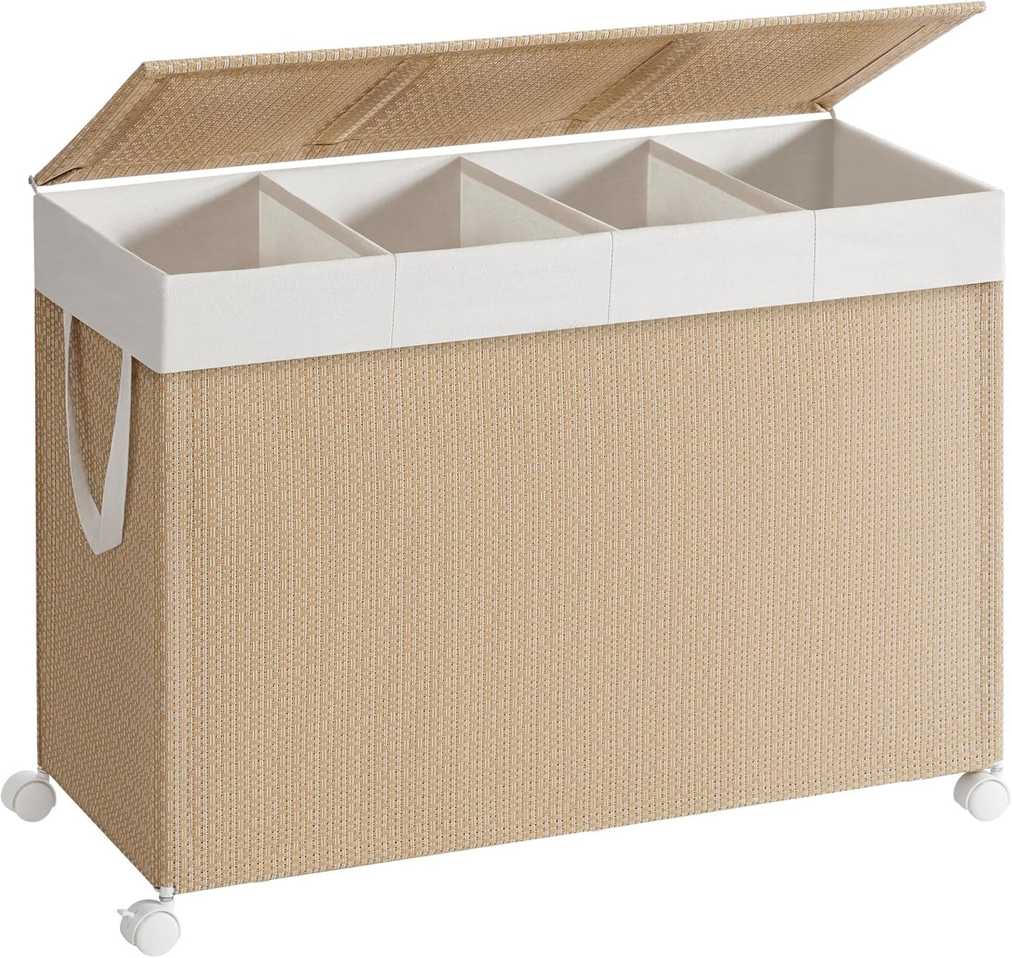 Laundry Hamper with 4 Section, 180 L Large Rolling Laundry Basket with Wheels, Rattan Clothes Basket with Lid, Removable Liner with Handles, Natural Beige and Matte White ULCB603N01