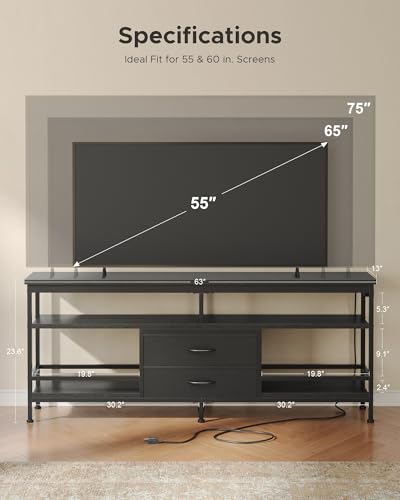 63in TV Stand for 55-75in TVs, LED Lights, Charging Station, Black, view 3