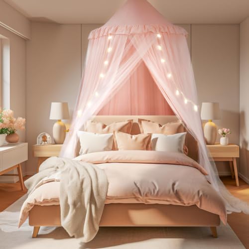 Bed Canopy for Girls with Star Lights, 39.4''x106'', Peach Pink, view 2