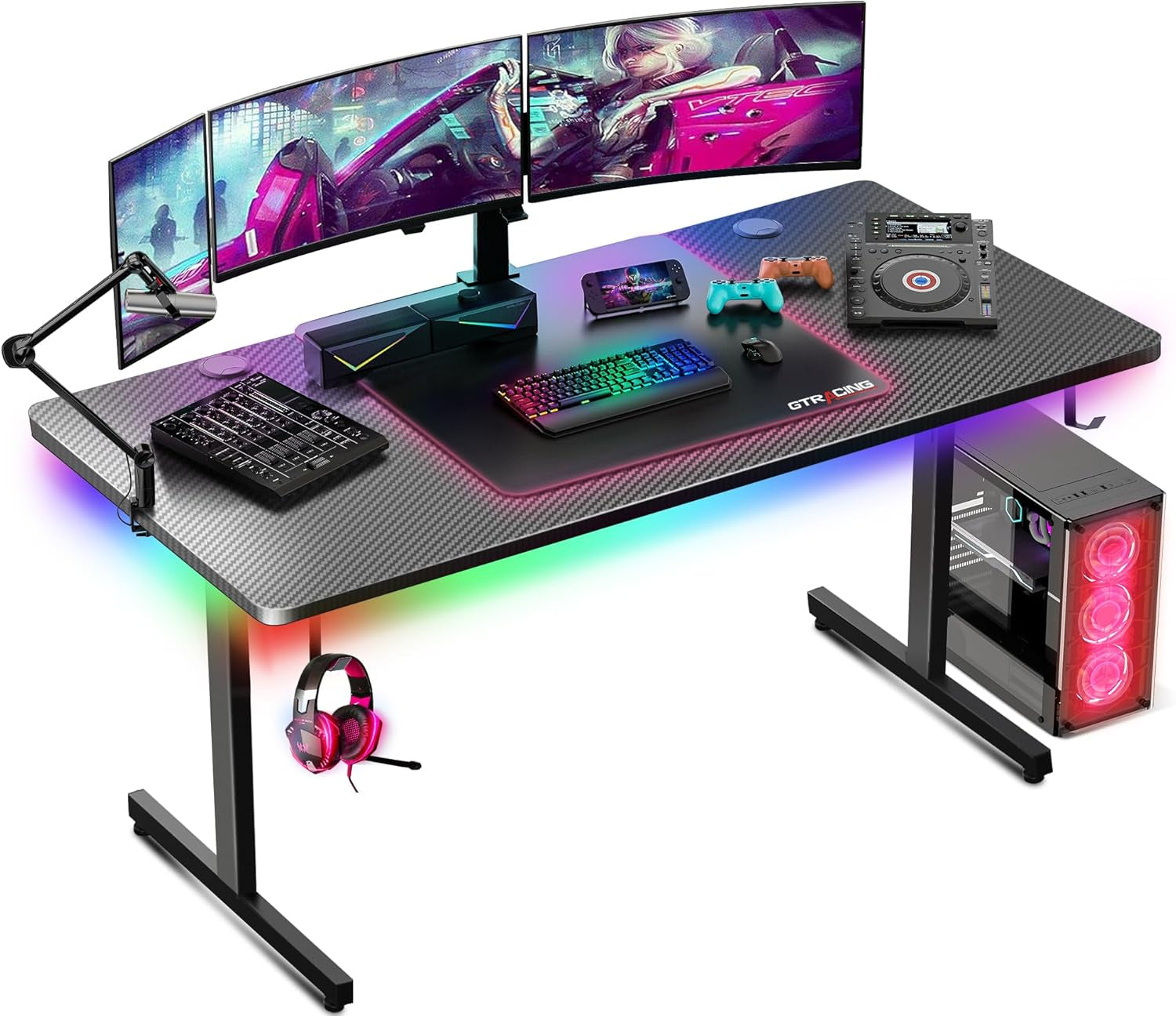 Gaming Desk 55 Inch with LED Lights, Large Computer Desk with Mouse Pad for Home Office, T-Shaped Carbon Fibre Surface PC Game Workstations with Headphone Hook