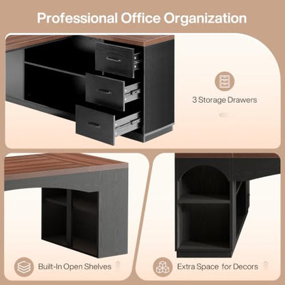 86.6" L-Shaped Executive Desk with 3 Drawers & Storage Shelves, view 7