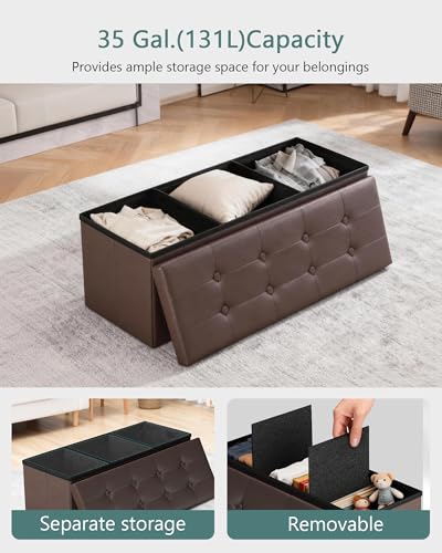 43" Storage Ottoman Bench, Folding Faux Leather Chest, Brown | Stroage Box with 2 Dividers, Foot Rest Stool, Padded Seat for Bedroom, Entryway, Living Room