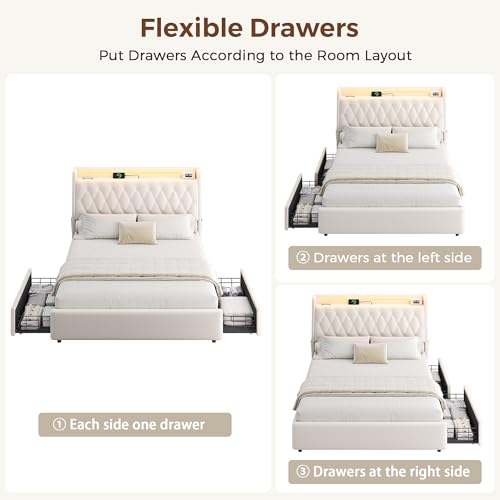 Queen LED Velvet Bed Frame with 2 Storage Drawers&Hidden Headboard, view 6