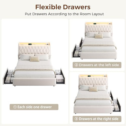 Queen LED Velvet Bed Frame with 2 Storage Drawers&Hidden Headboard, view 6