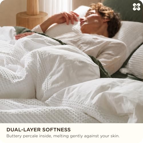 Bedsure PureWoven 3 Pieces 100% Cotton Waffle Duvet Cover Set, King, White, view 5