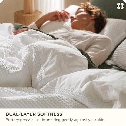 Bedsure PureWoven 3 Pieces 100% Cotton Waffle Duvet Cover Set, King, White, view 5