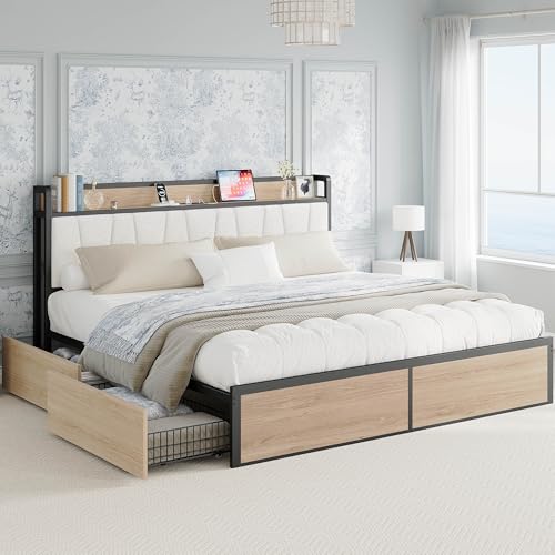 King Size Bed Frame with 4 Storage Drawers and Charged Headboard, view 2