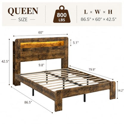 Farmhouse Queen Bed Frame, Storage Headboard with LED Charging, Brown, view 3