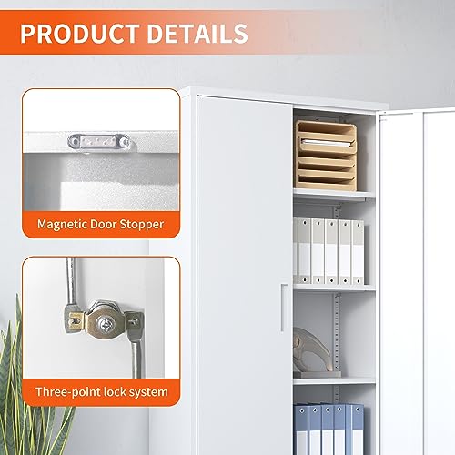 Metal Storage Cabinet with Adjustable Shelves, Garage Tool Cabinet with 2 Lockable Doors for Office, Home, Garage, Require Assembly, White