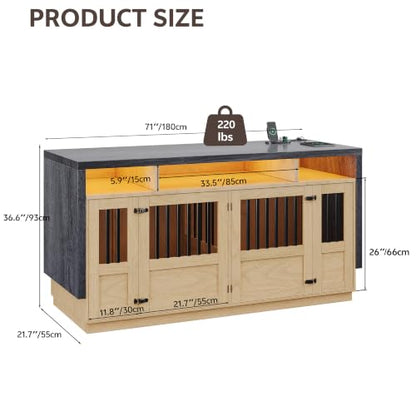 Furniture Dog Crate, 71" Double Dog Crate Furniture Natural & Grey, view 7