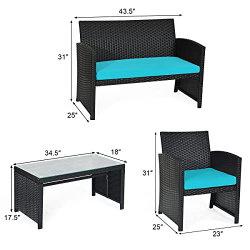 4 Pieces Patio Wicker Conversation Furniture Set, Patiojoy Sofa & Table Set w/4 Seats, Outdoor Rattan Sofa Set for Balcony Backyard, Wicker Chair Set with Tempered Glass Coffee Table