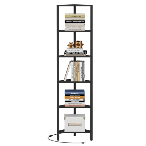 Corner Shelf with LED Light, 6-Tier Corner Bookshelf for Small Space, Narrow Display Corner Shelf Stand with Storage Rack, for Living Room, Bedroom, Black BS05BK006L