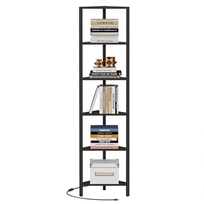 Corner Shelf with LED Light, 6-Tier Corner Bookshelf for Small Space, Narrow Display Corner Shelf Stand with Storage Rack, for Living Room, Bedroom, Black BS05BK006L