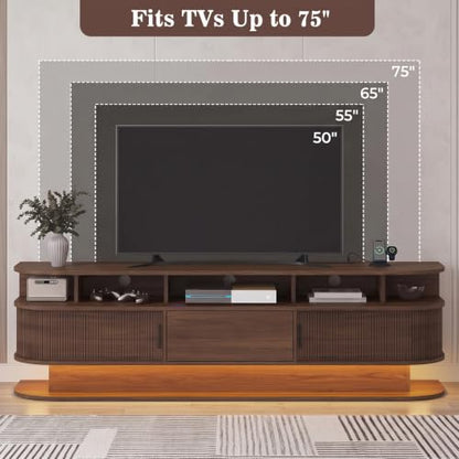 68” Fluted Mid Century Modern TV Stand LED Lights & Power Outlet (Walnut), view 5