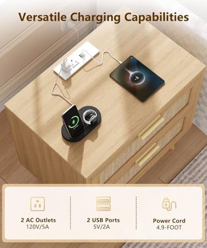 23.6" W Rattan Nightstand with Charging Station, Large Bedside Table with 2 Drawers, Wooden End Table with Solid Wood Legs, Boho Night Stand for Bedroom, Natural Oak KES009MECTG
