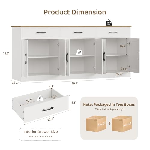 71" Large Sideboard Buffet Cabinet with Storage, Farmhouse Coffee Bar Cabinet with 3 Drawers, Long Kitchen Buffet Table, Kitchen Sideboard Storage Cabinet for Dining Room, Living Room, White