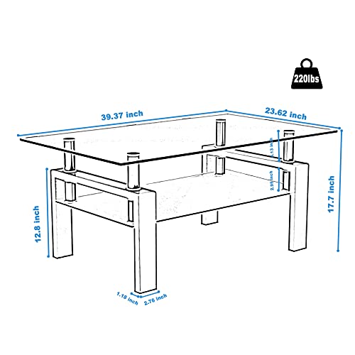 Glass Coffee Table for Living Room, Modern Coffee Table with Transparent Tempered Glass Top and White Metal Legs, Rectangle Tea Table for Home