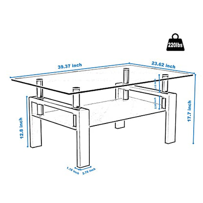 Glass Coffee Table for Living Room, Modern Coffee Table with Transparent Tempered Glass Top and White Metal Legs, Rectangle Tea Table for Home