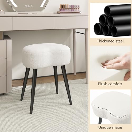 Teddy Velvet Vanity Stool, Upholstered Makeup Chair with Sturdy Metal Legs, Soft Padded Ottoman Footrest, Modern Accent Stool for Bedroom, Living Room, Entryway (White, 17.7in H)