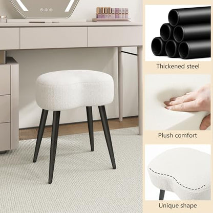 Teddy Velvet Vanity Stool, Upholstered Makeup Chair with Sturdy Metal Legs, Soft Padded Ottoman Footrest, Modern Accent Stool for Bedroom, Living Room, Entryway (White, 17.7in H)