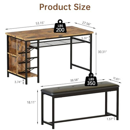 Space Saving Dining Table Set for 2-4 People, 53" Kitchen Table with 2 Upholstered Bench, Dinner Table with Wine Rack Glass Holder and Storage Shelf, 3-Piece Dinette Table for Small Apartment